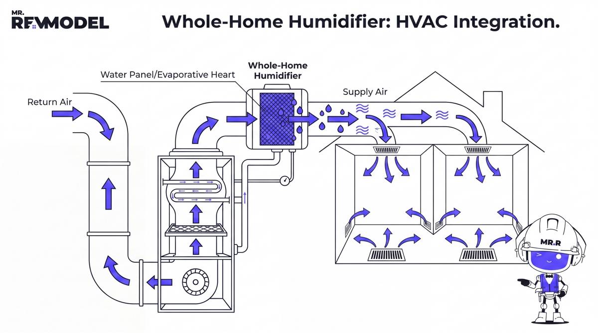 A technical schematic of a standard furnace setup. It highlights the humidifier mounted on the supply or return plenum. It shows the airflow path: warm air moving through the system, picking up moisture from the water panel (the "evaporative heart"), and distributing it throughout the home’s ductwork.
